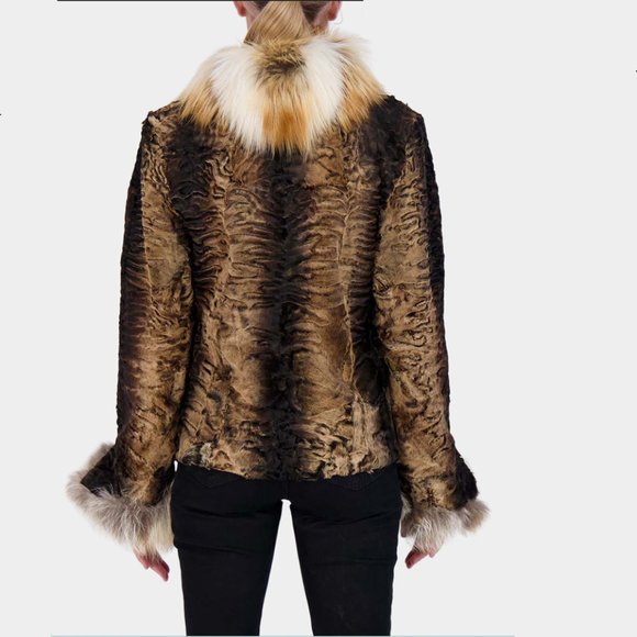 Genuine Karakul Persian Lamb Medium Fox Fur Trim Coat Neiman Marcus $6k - Picture 3 of 14